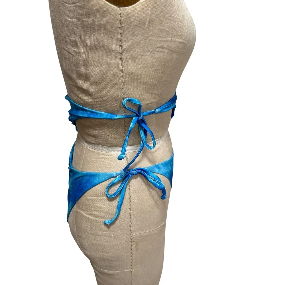 NEW Beach Bunny Bikini Bottoms Size L Blue Double Adjustable Wrap Scrunch Ties